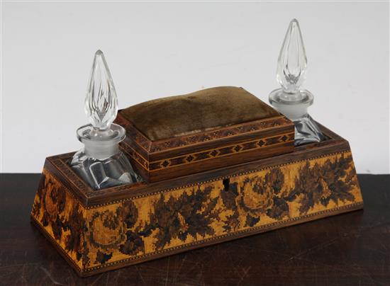 A Tunbridge ware rosewood and floral mosaic sewing / scent bottle stand, 9in.